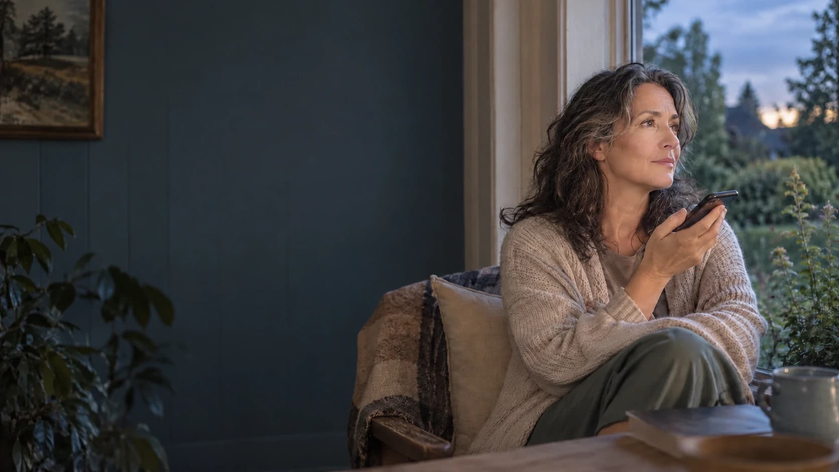A woman reflecting into her phone beside a window at dusk