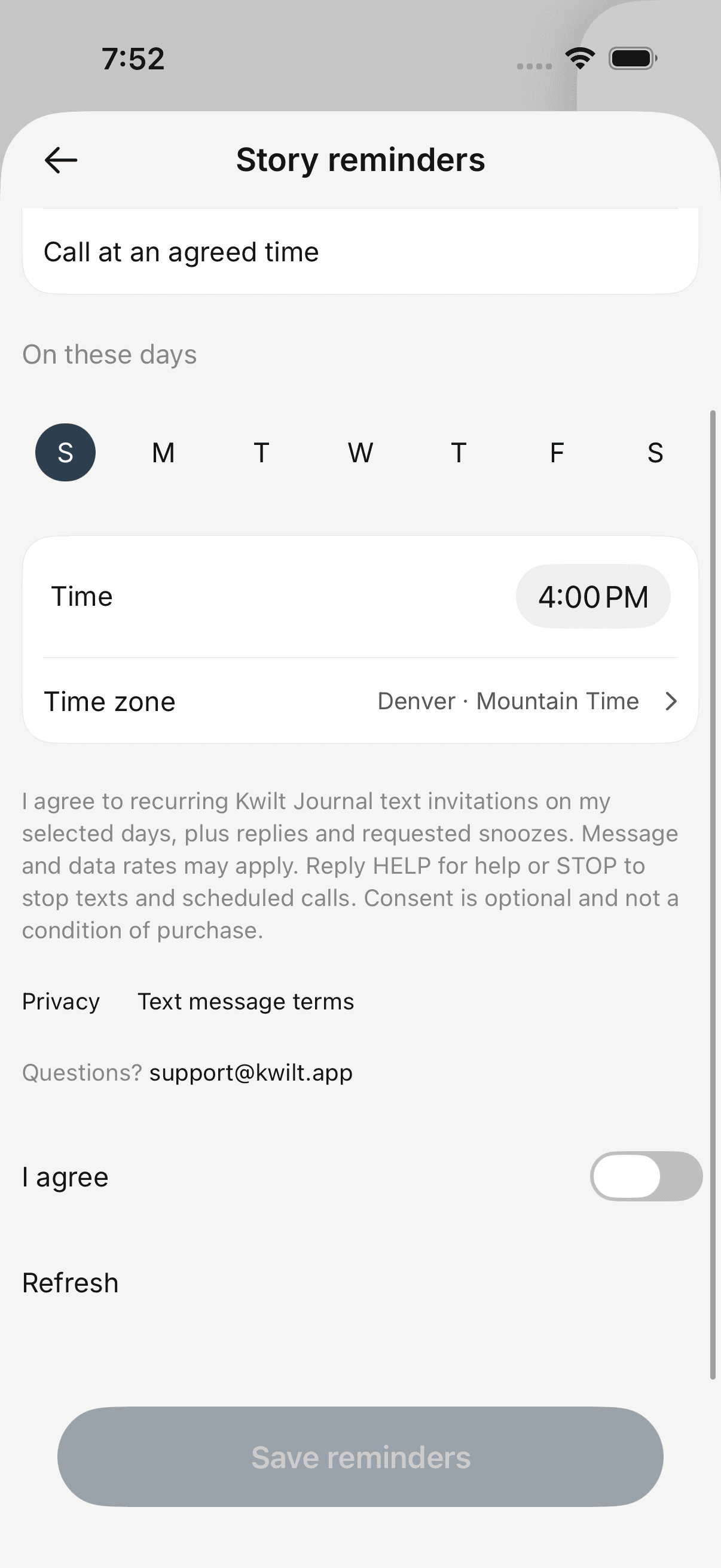 I agree switch off by default and Save reminders disabled before consent