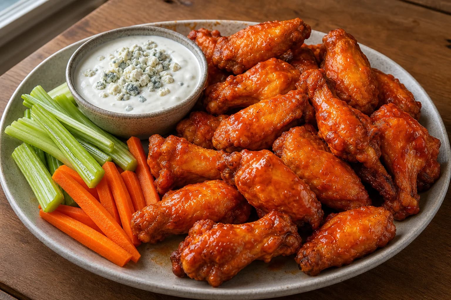 Crisp Buffalo wings coated in red cayenne-butter sauce with celery, carrots, and chunky blue-cheese dip.