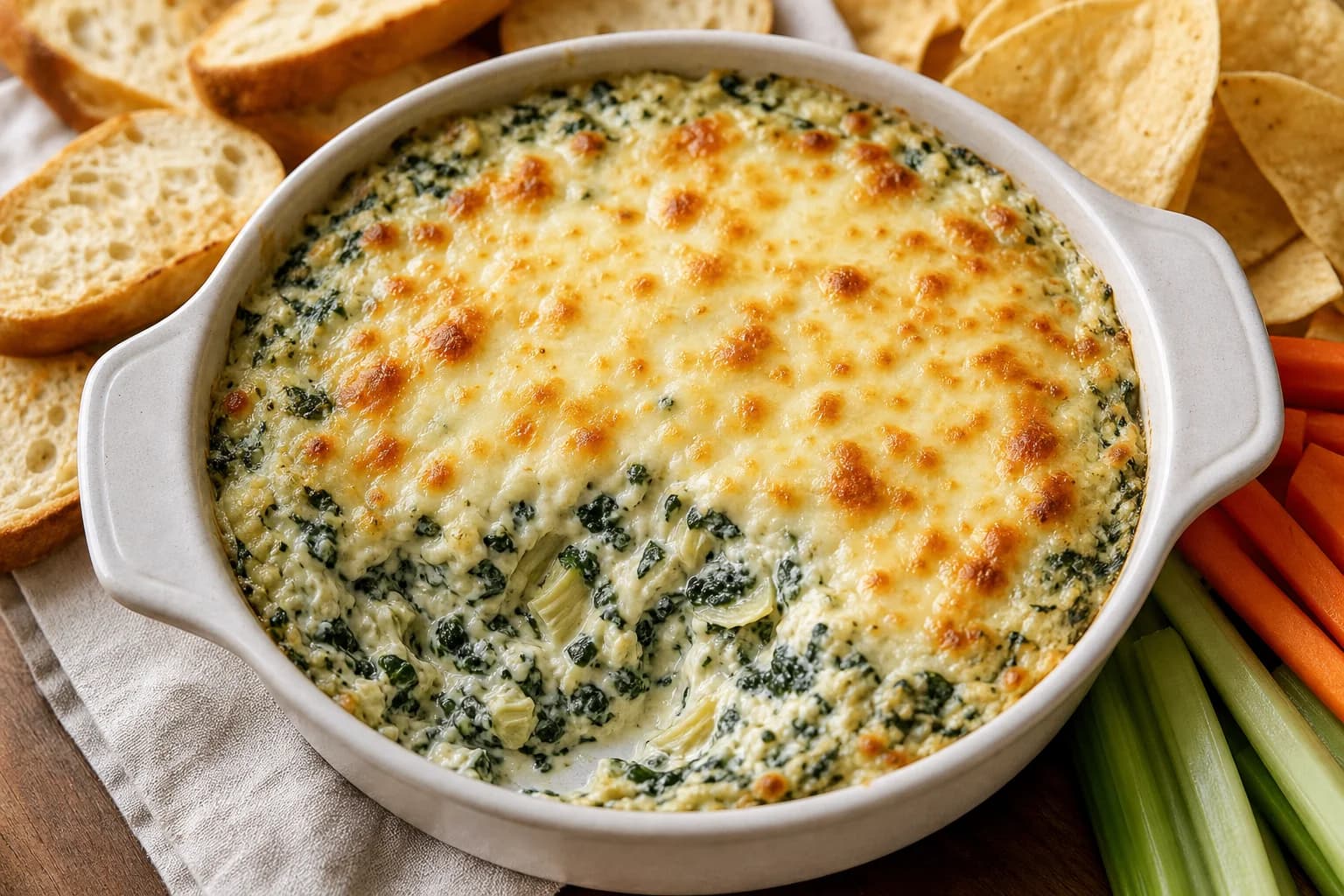 Hot spinach-artichoke dip with visible vegetables beneath a browned mozzarella and Parmesan top, served with sturdy dippers.