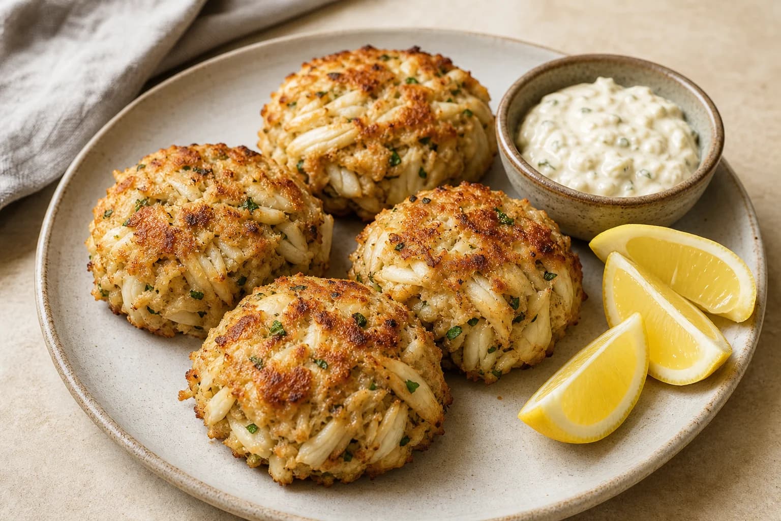 Four lightly broiled Maryland-style lump crab cakes with visible pieces of crab, lemon wedges, and tartar sauce.