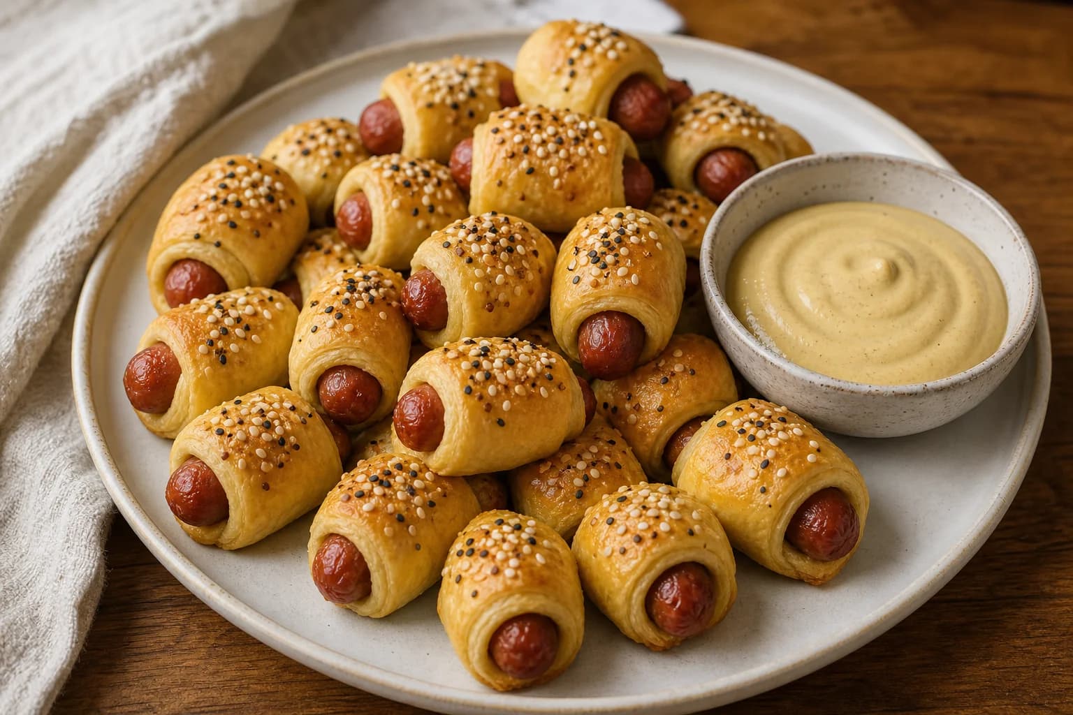 Golden crescent-dough pigs in a blanket sprinkled with sesame and everything seasoning, with a creamy mustard dip.