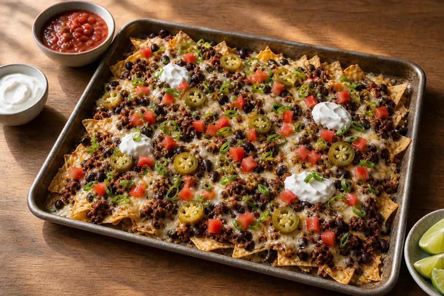 A rimmed pan of crisp loaded nachos with browned beef, black beans, melted cheese, pickled jalapeños, tomato, scallions, and sour cream.