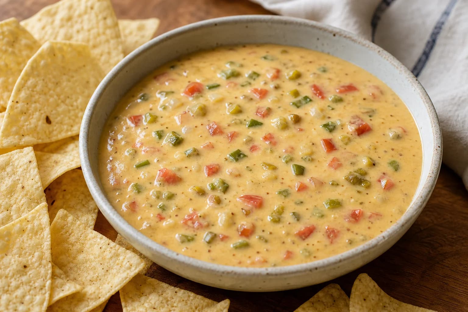 Creamy chile con queso with green chiles, jalapeño, tomato, and onion, served warm with sturdy tortilla chips.