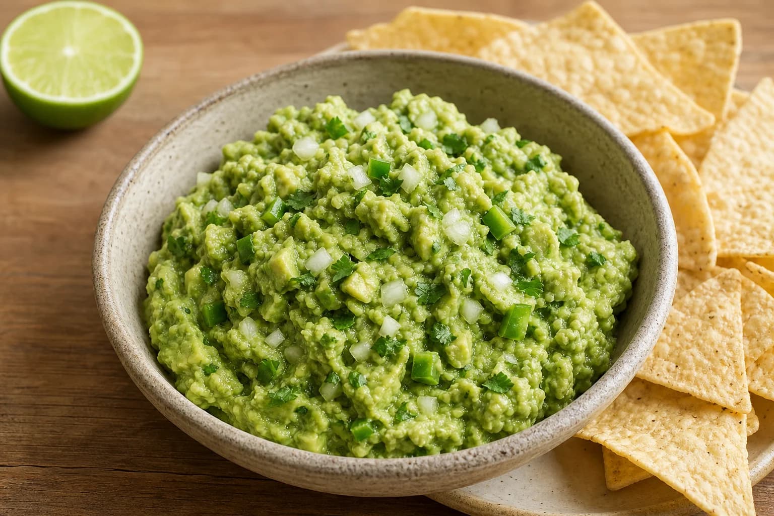 Chunky classic guacamole with visible avocado pieces, white onion, jalapeño, cilantro, and lime, served with tortilla chips.