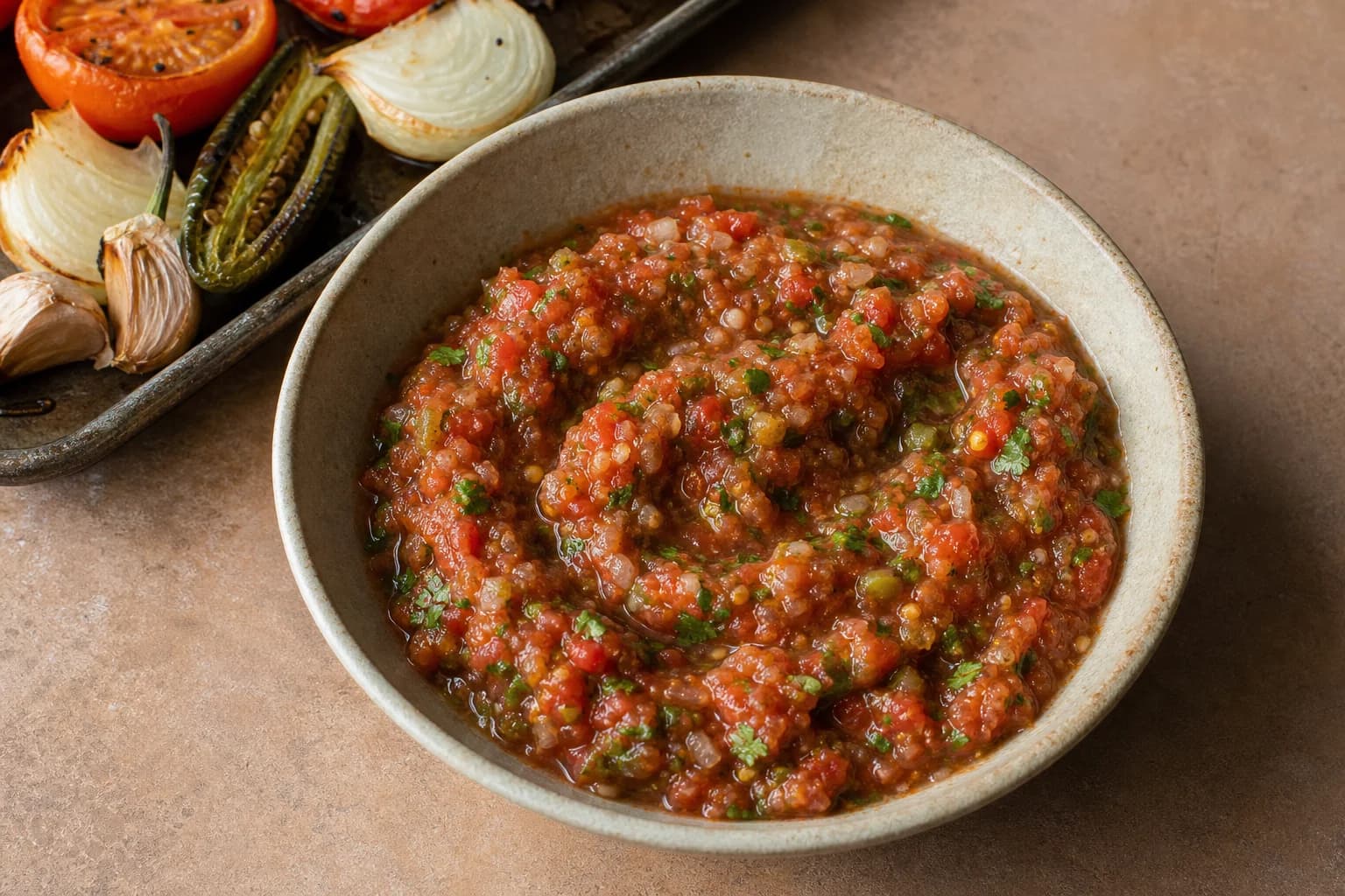 Coarsely textured roasted tomato salsa with visible charred tomato, jalapeño, onion, garlic, cilantro, and pan juices.