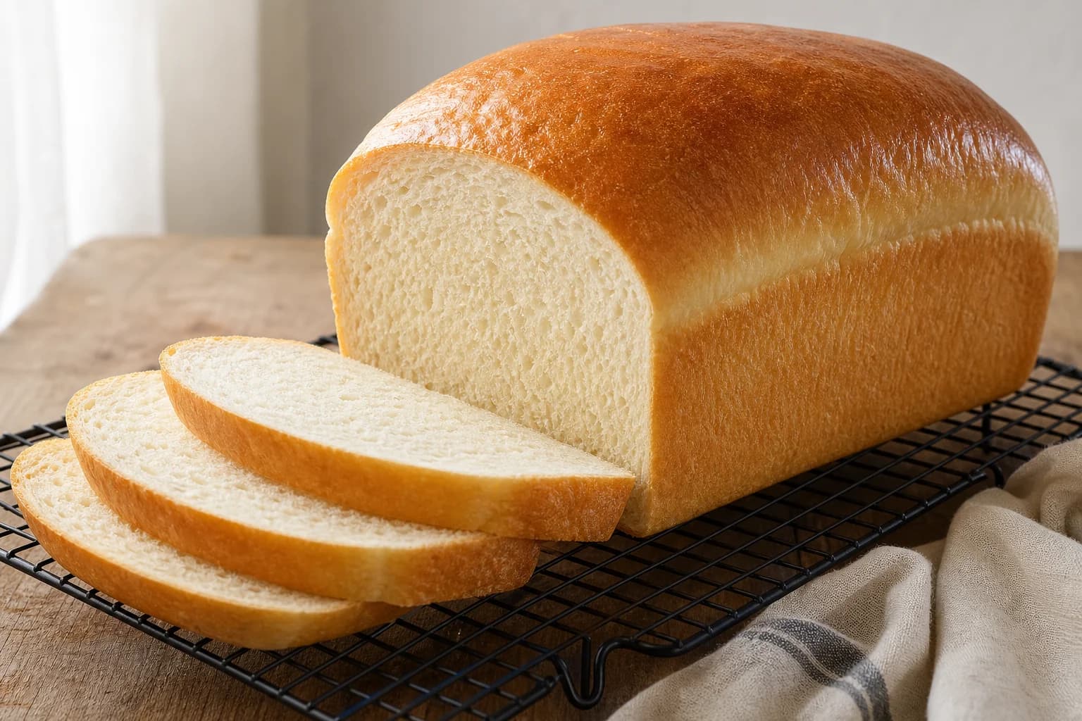 A tall soft sandwich loaf with a rounded golden crown and even pale crumb, partly sliced on a cooling rack.