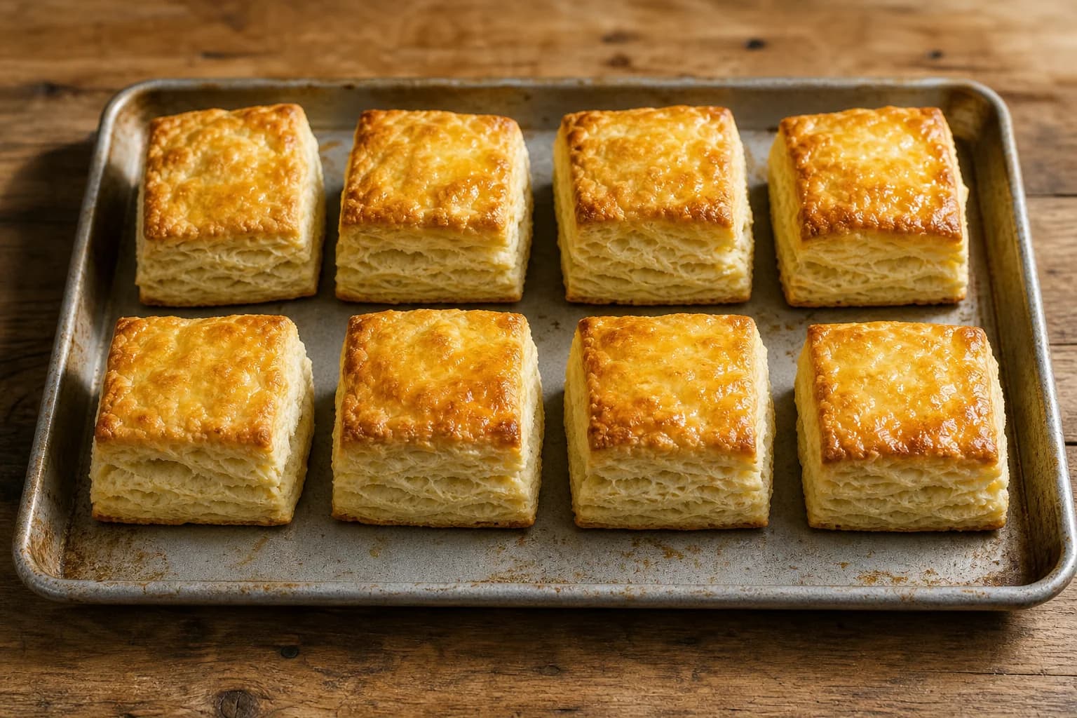 Eight tall square buttermilk biscuits with deep golden tops and distinct flaky layers arranged on a sheet pan.