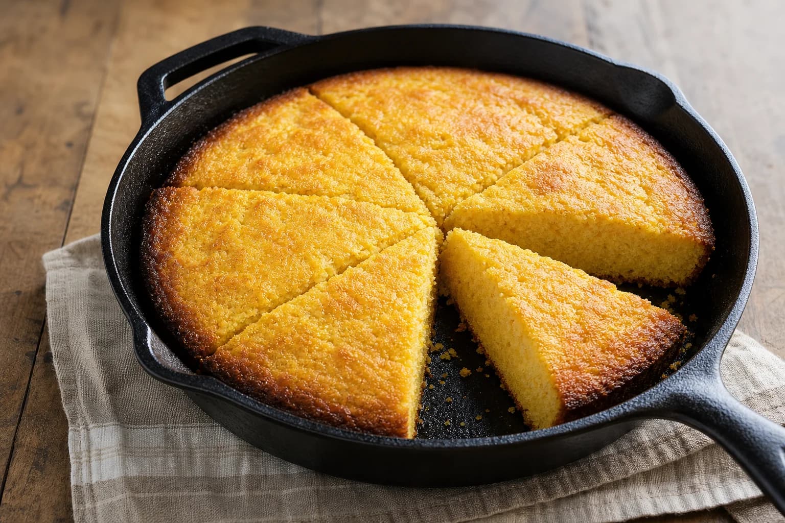 Golden cast-iron cornbread cut into wedges with a dark crisp edge and moist yellow crumb, served warm in the skillet.