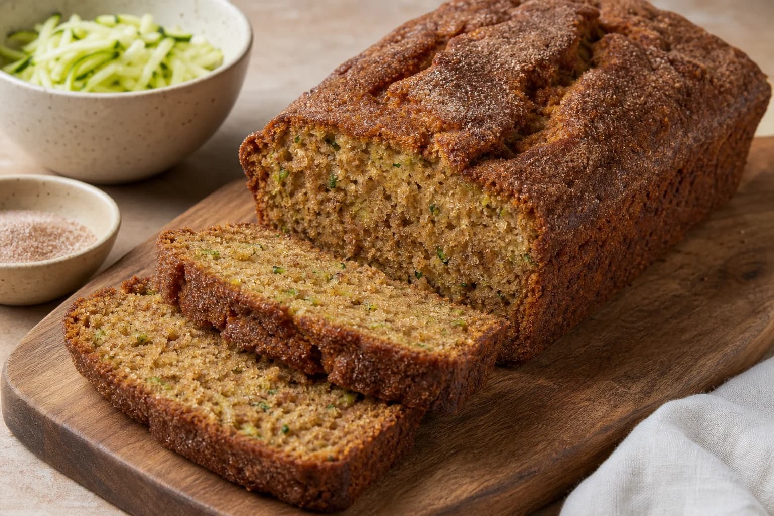A cinnamon-topped zucchini bread loaf with a moist speckled crumb and green zucchini flecks, partly sliced beside grated zucchini.