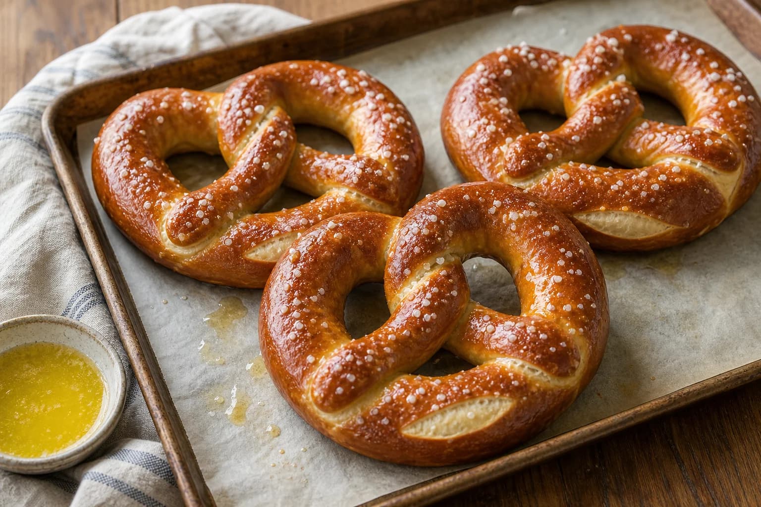 Three mahogany-brown soft pretzels with classic crossed arms, coarse salt, scoring, and a light butter sheen on a sheet pan.