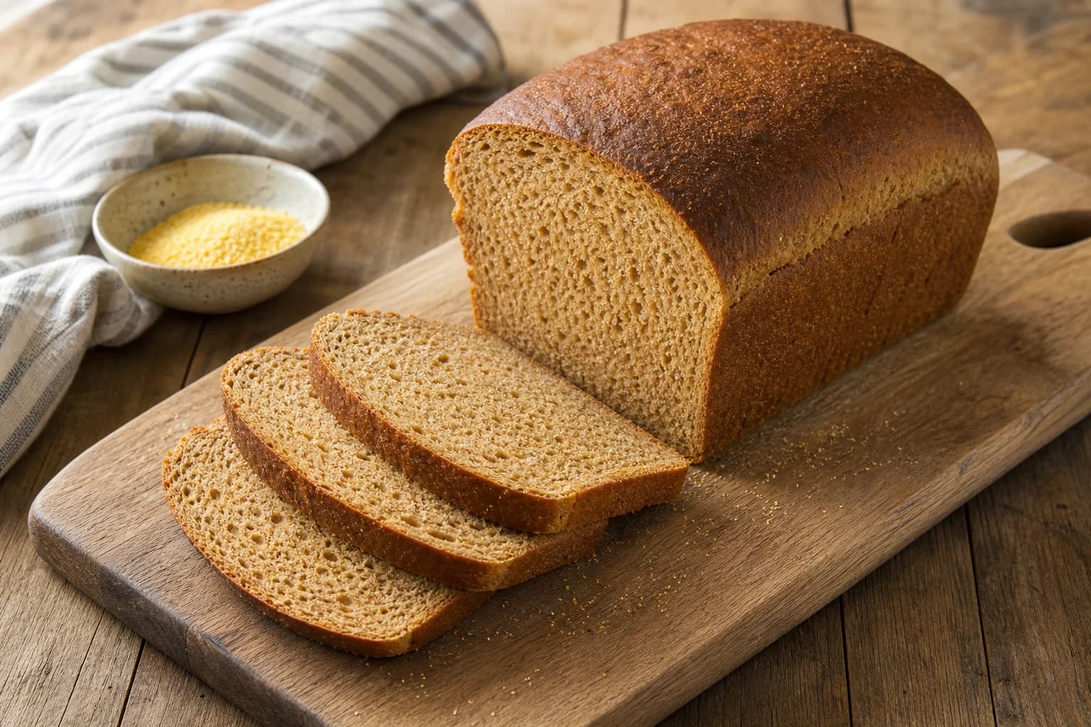 A deep-brown Anadama sandwich loaf with a golden cornmeal-and-molasses crumb, partly sliced beside a small dish of cornmeal.