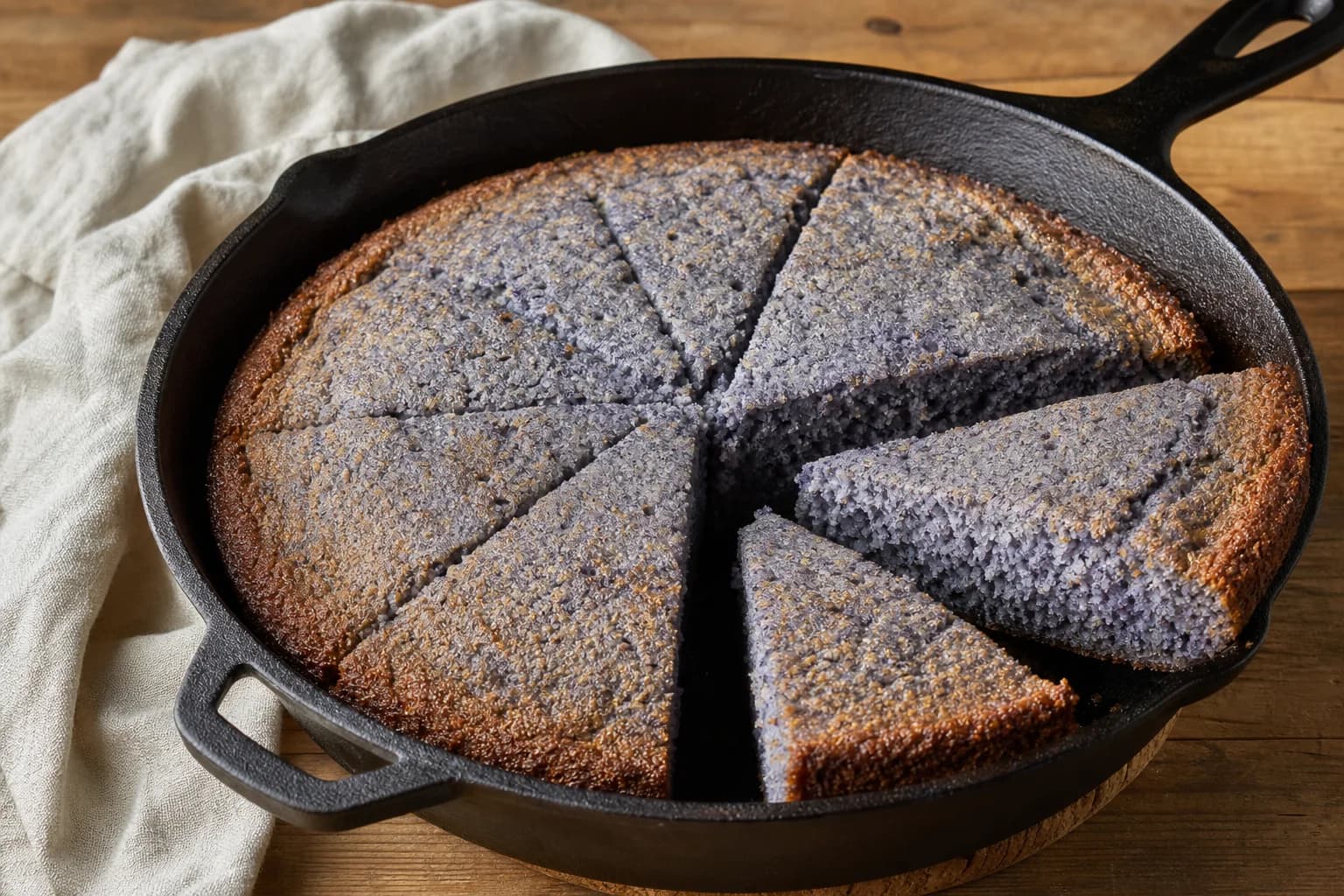 Blue corn skillet bread cut into wedges, with a slate-purple crumb and deeply browned crisp edge in a cast-iron pan.