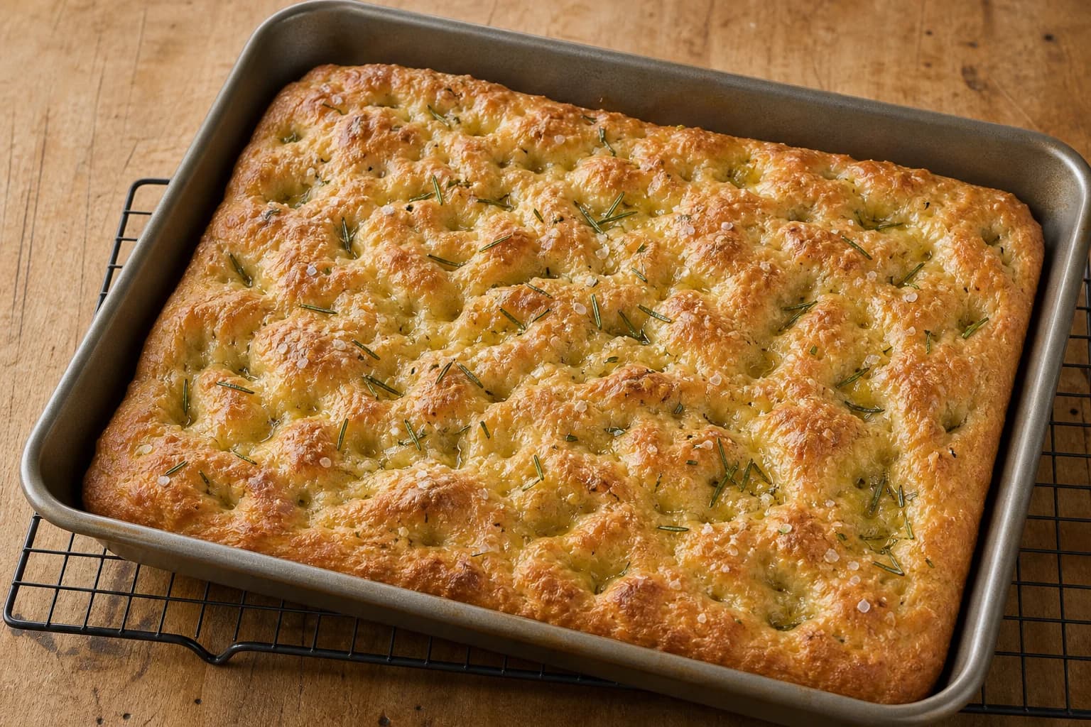 Golden rosemary focaccia with deep olive-oil dimples, crisp edges, flaky salt, and scattered rosemary in a metal pan.