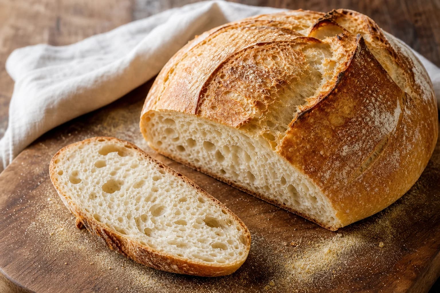 A deeply browned round Italian household loaf with crisp scoring and an irregular cream-colored crumb visible in a cut face and slice.