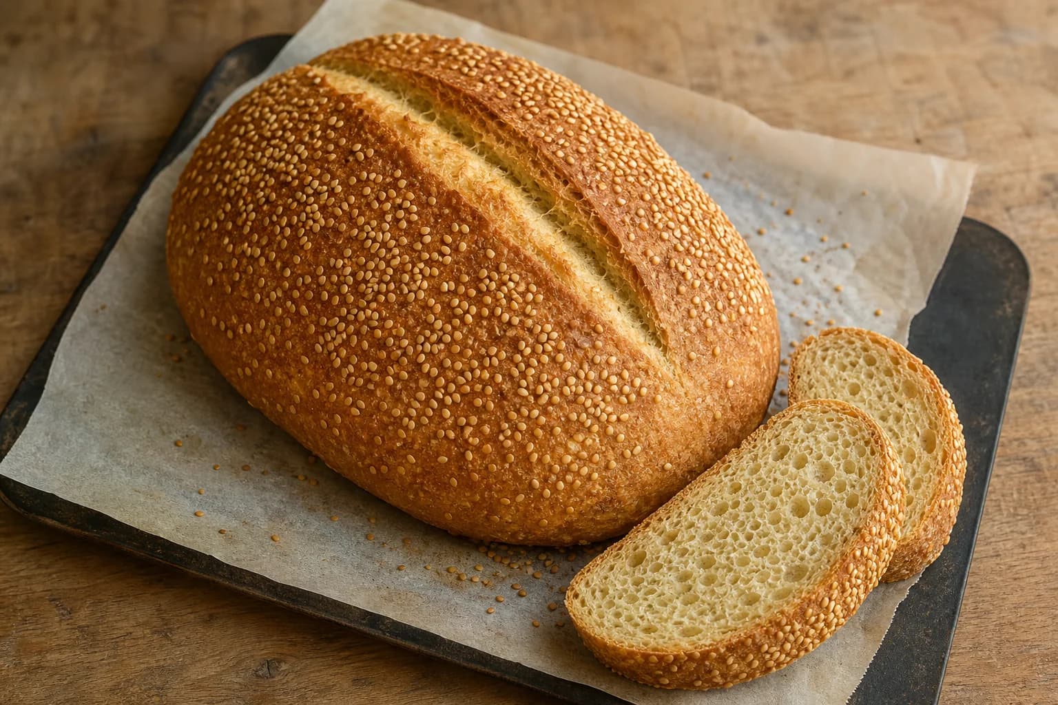 A golden oval sesame-semolina loaf with a long central score and pale open crumb visible in two slices.
