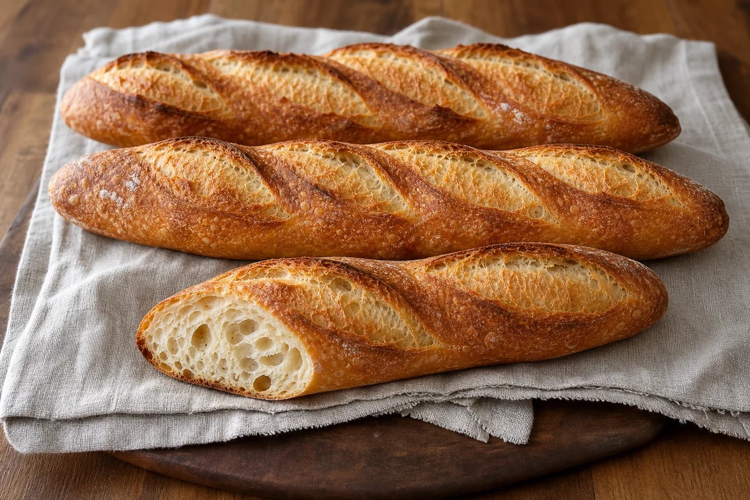 Three slender deeply golden baguettes with crisp scored crusts, one cut to show a chewy irregular crumb.