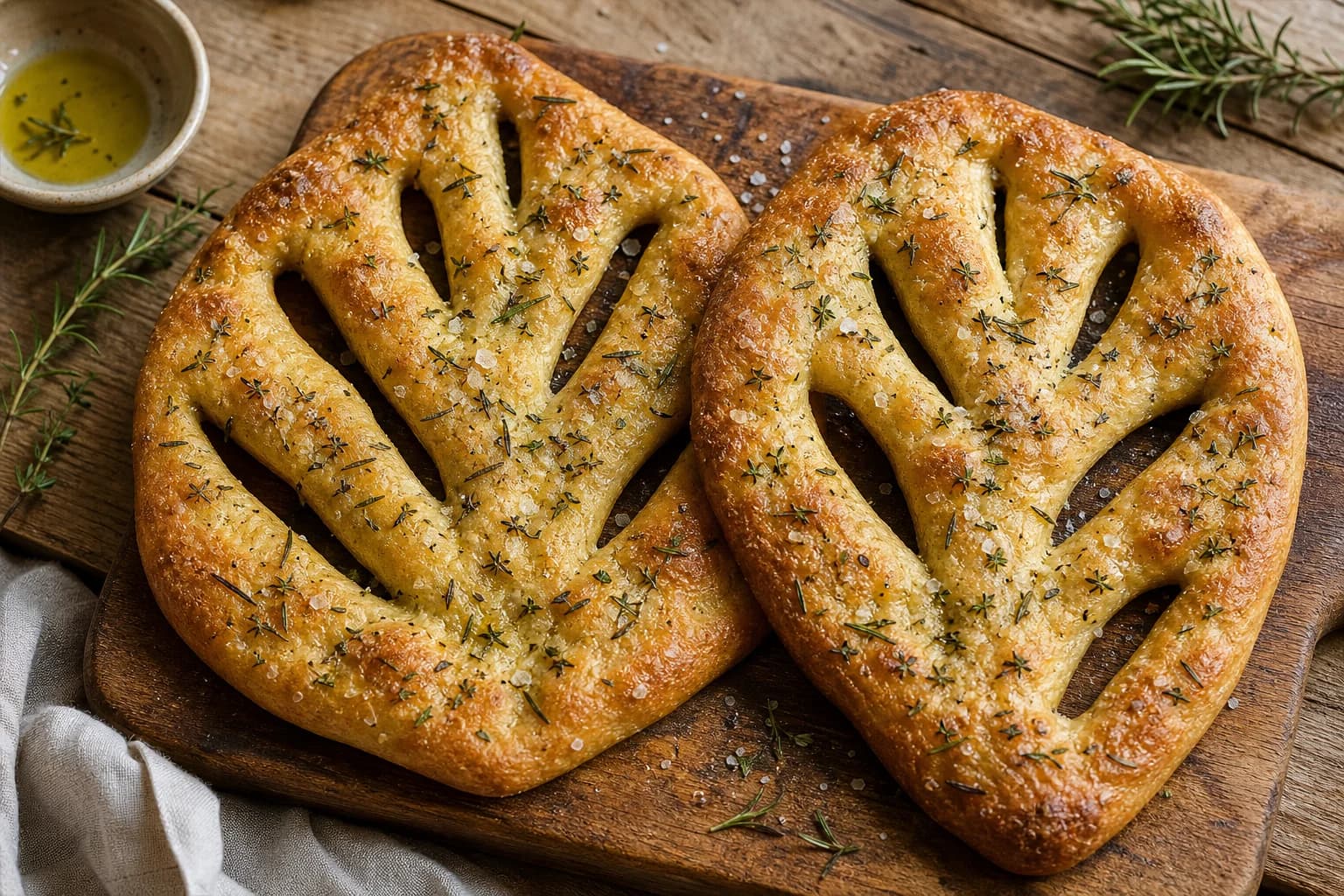 Two golden leaf-shaped fougasse flatbreads with open cuts, rosemary, thyme, olive oil, and crisp edges.