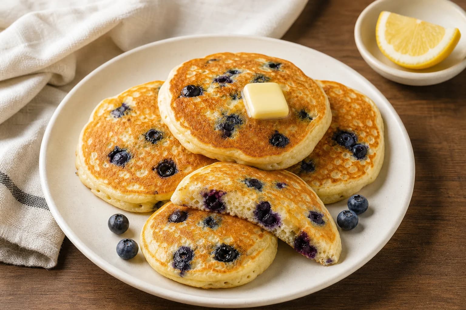 Golden blueberry pancakes with whole berries distributed through the tender centers and a few fresh blueberries alongside.