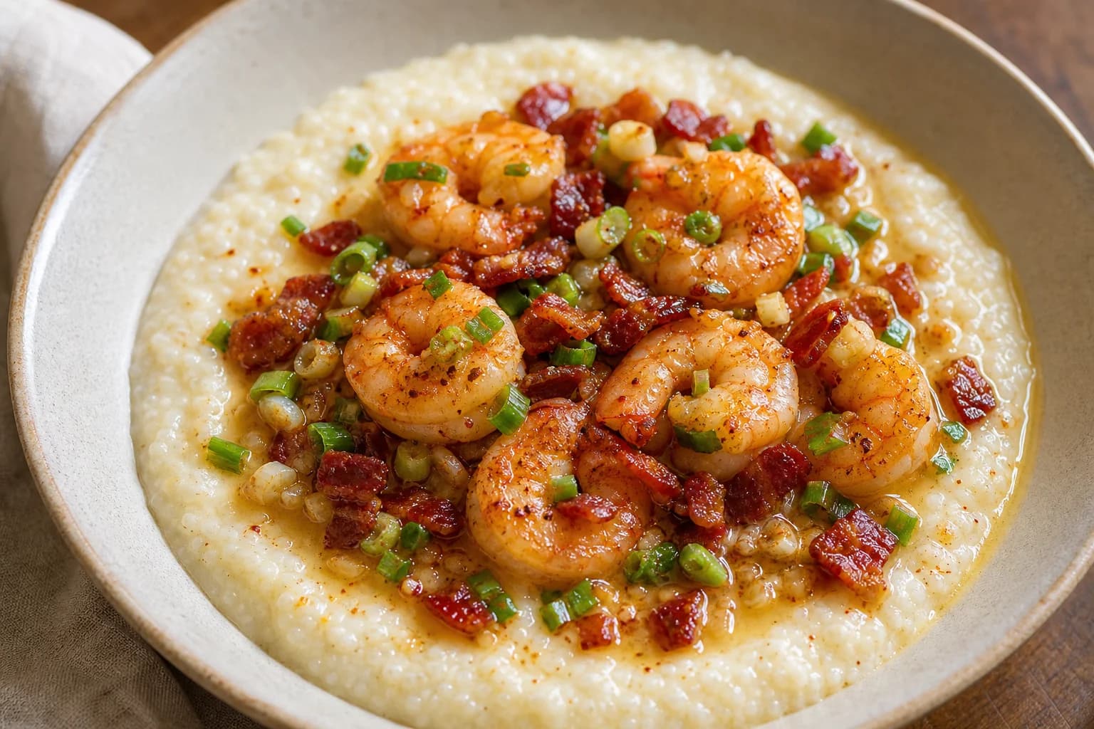 Creamy stone-ground grits topped with seared shrimp, bacon, scallions, and a light lemon pan sauce.