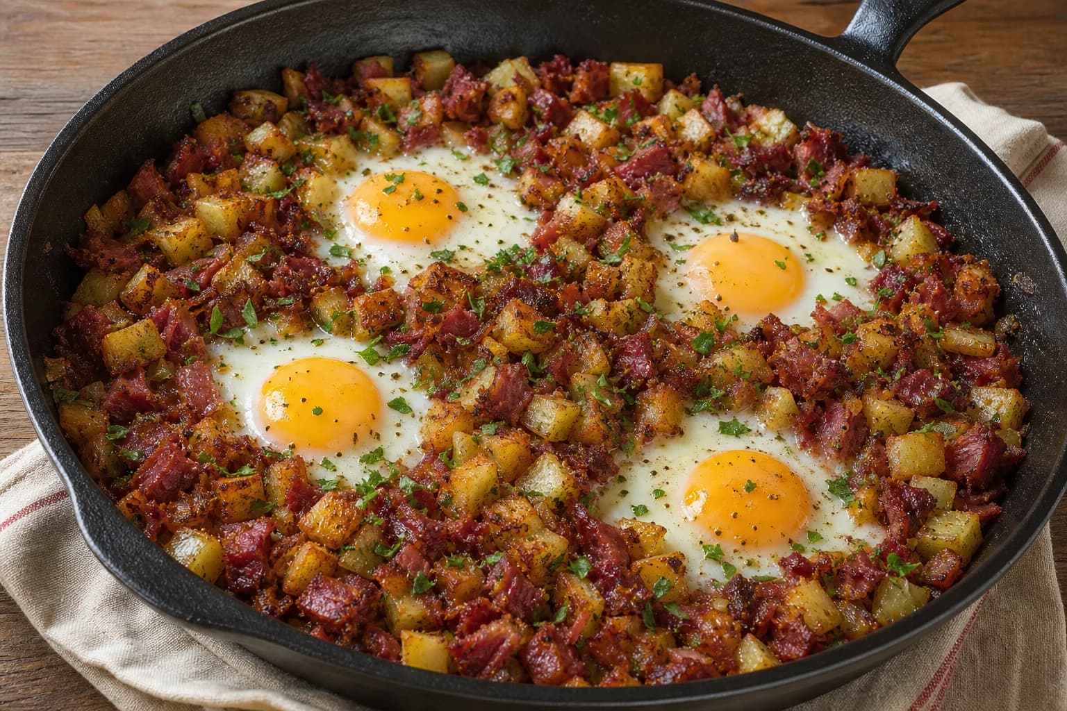 Crisp corned beef and potato hash with browned cubes, onion, parsley, and four soft-yolk eggs cooked in wells.