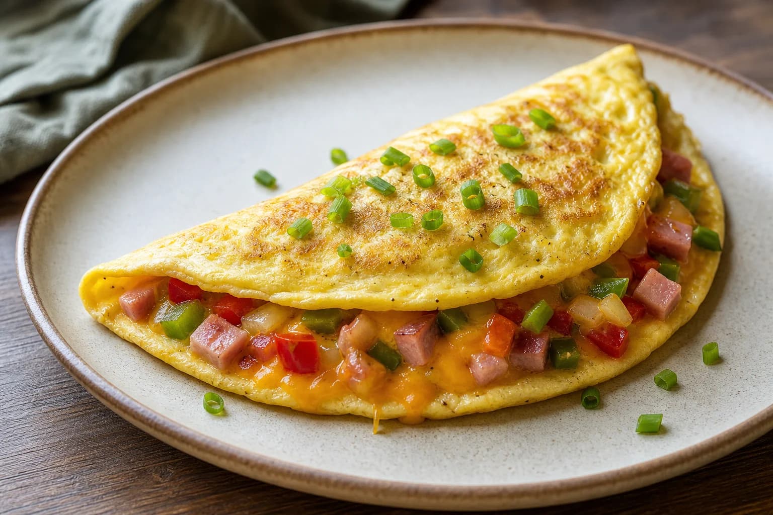 A folded Denver omelet with browned ham, red and green pepper, onion, cheddar, and a softly set center.