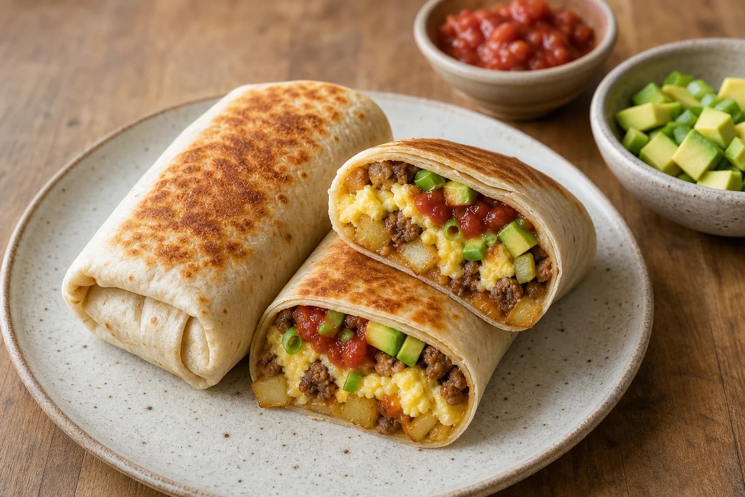 Six tightly rolled breakfast burritos filled with browned potato, sausage, soft egg, cheese, salsa, avocado, and scallion.
