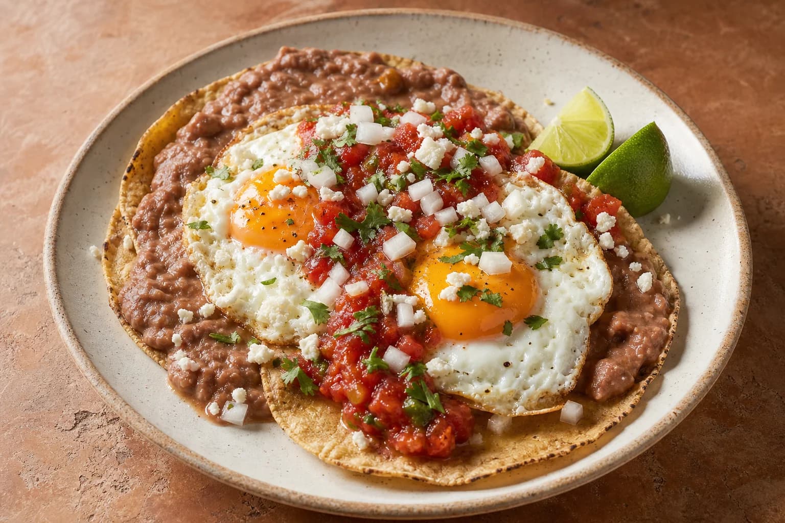 Huevos rancheros with fried eggs on crisp-edged corn tortillas, refried beans, red salsa, queso fresco, cilantro, and lime.