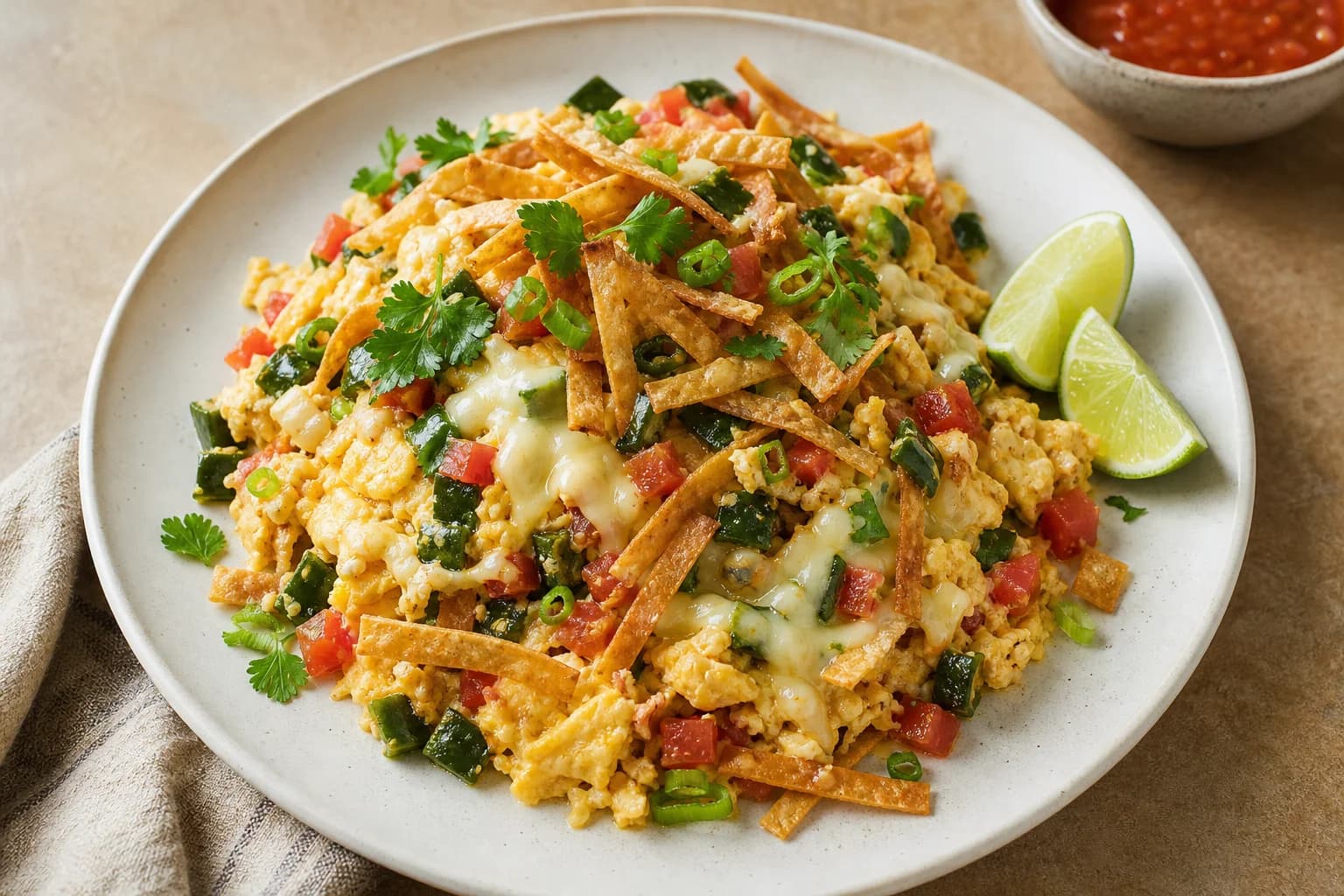 Austin-style migas with soft eggs, poblano, tomato, Monterey Jack, cilantro, and crisp tortilla strips on top.