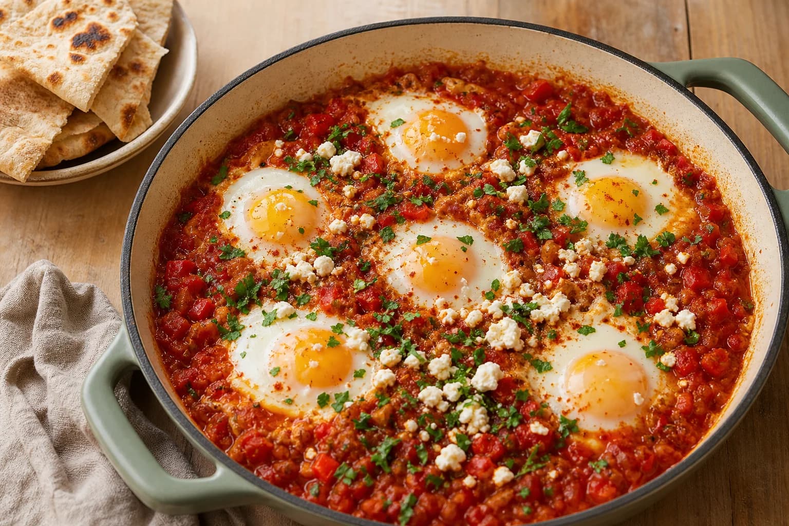 Shakshuka with six eggs in red pepper and tomato sauce, finished with herbs and crumbled feta.