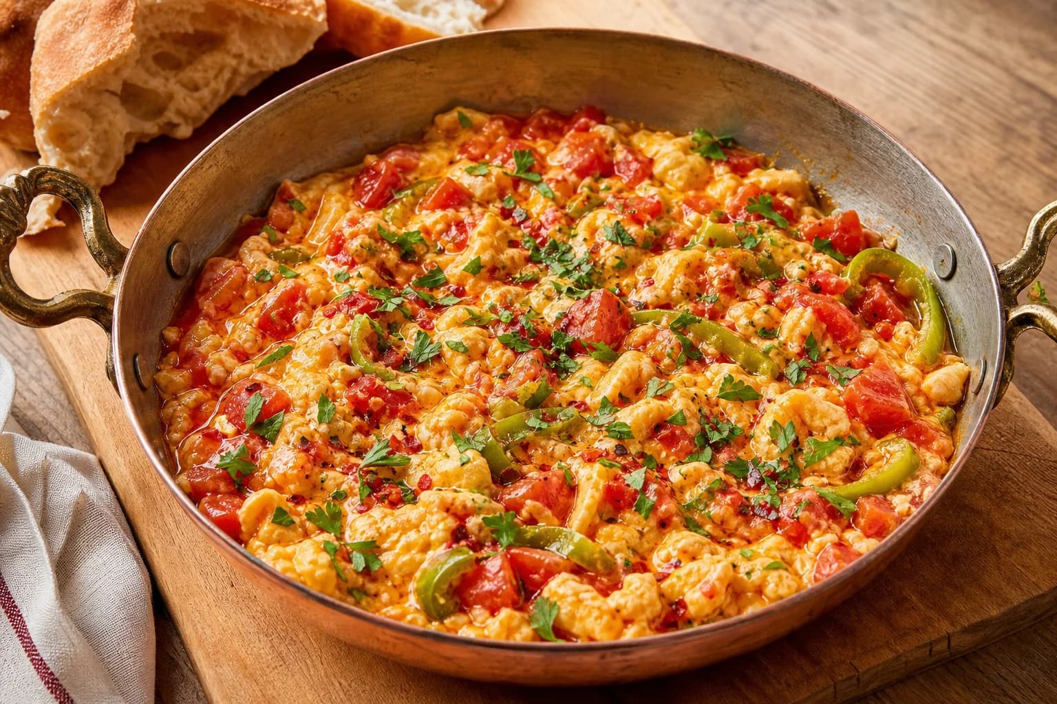 Soft Turkish menemen with glossy egg curds, tomatoes, blistered green peppers, parsley, and red pepper in a skillet.