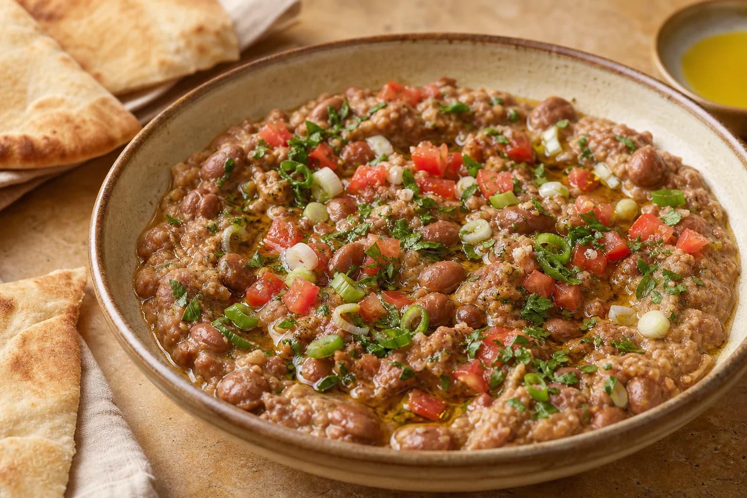 Egyptian ful medames with partly mashed fava beans, olive oil, lemon, cumin, tomato, parsley, scallions, and pita.