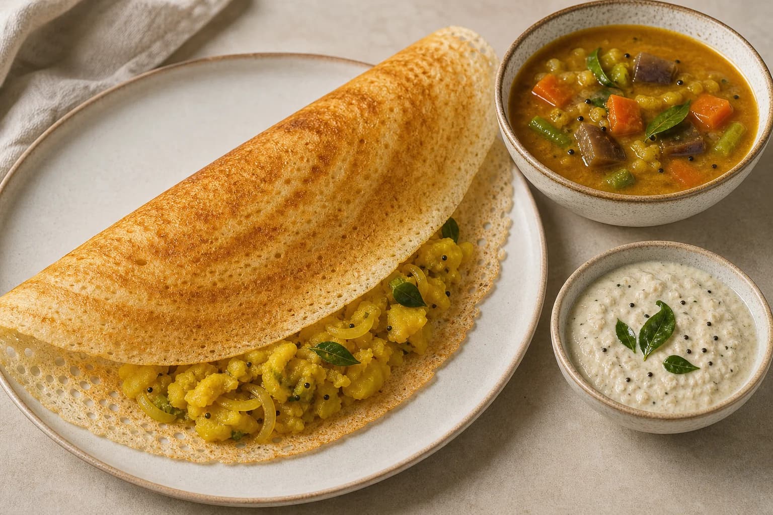 A crisp folded masala dosa with visible potato filling, sambar, coconut chutney, and curry leaves.