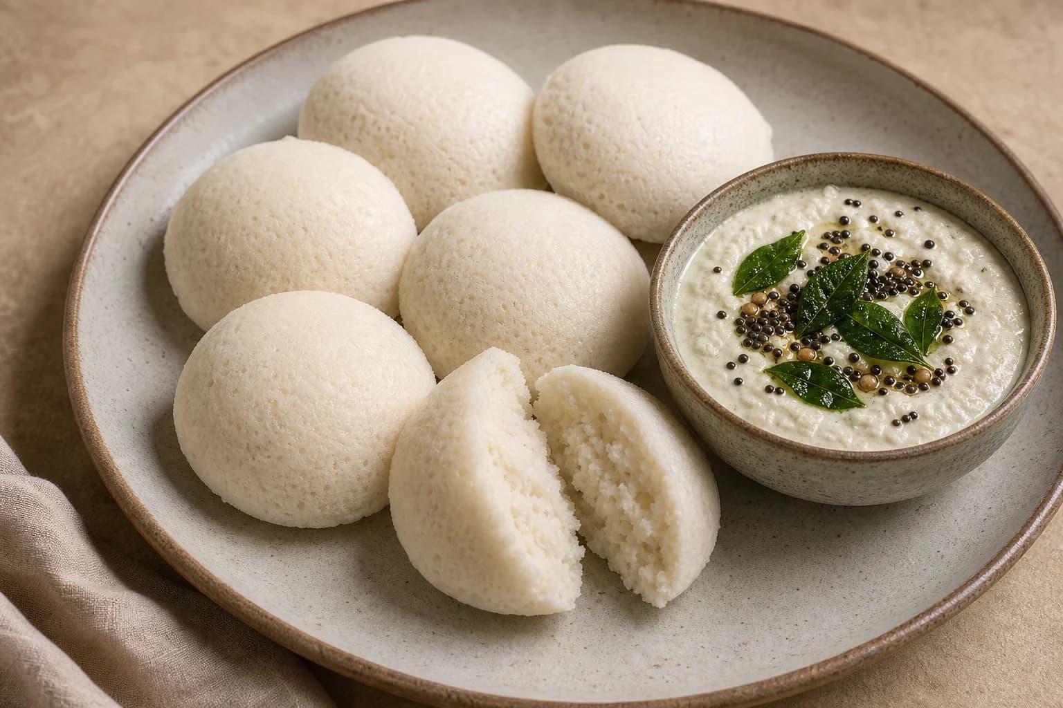 Soft white idli with coconut chutney, mustard-seed tempering, curry leaves, and green chile.