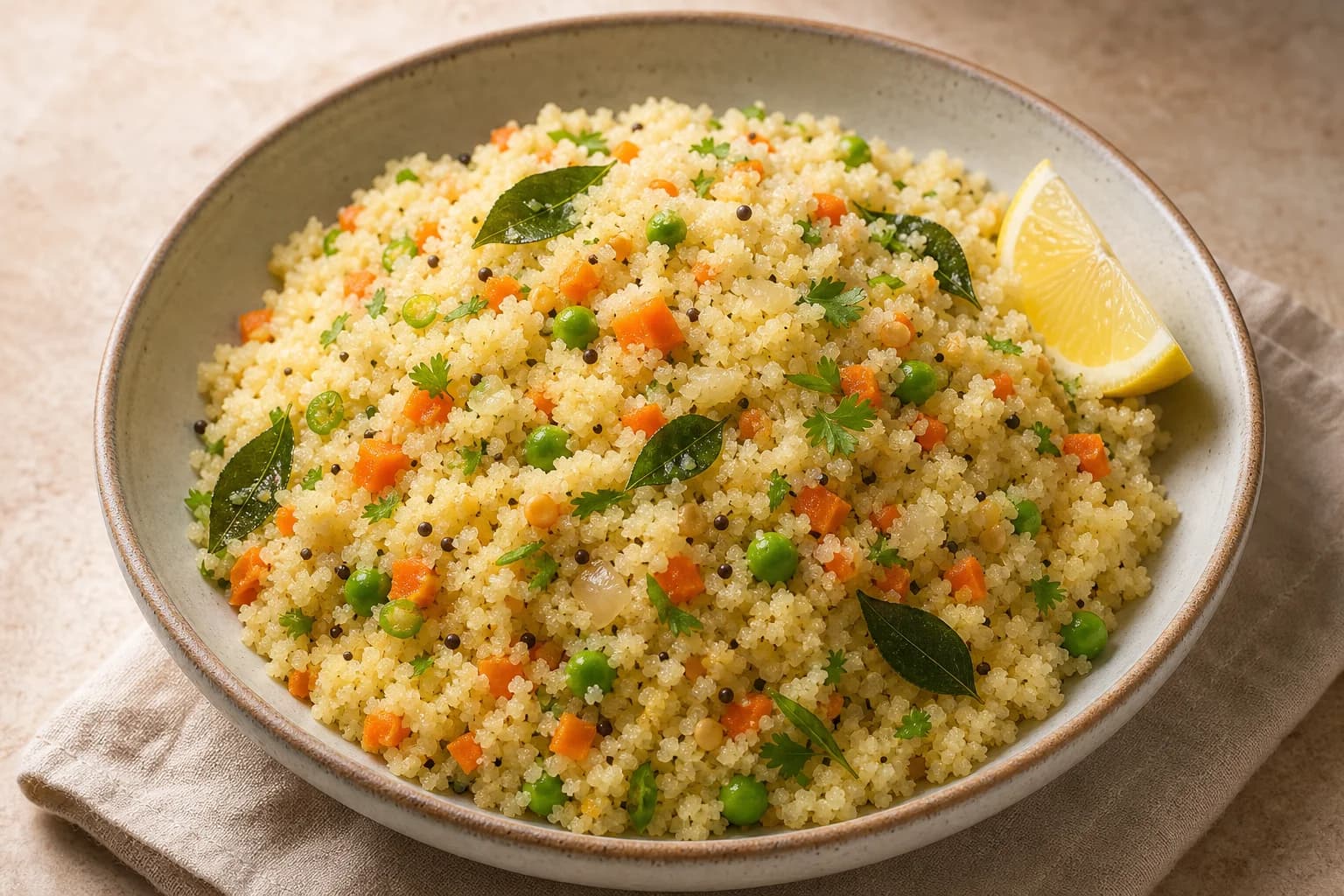 Fluffy savory semolina upma with carrot, peas, mustard seeds, curry leaves, ginger, and cilantro.
