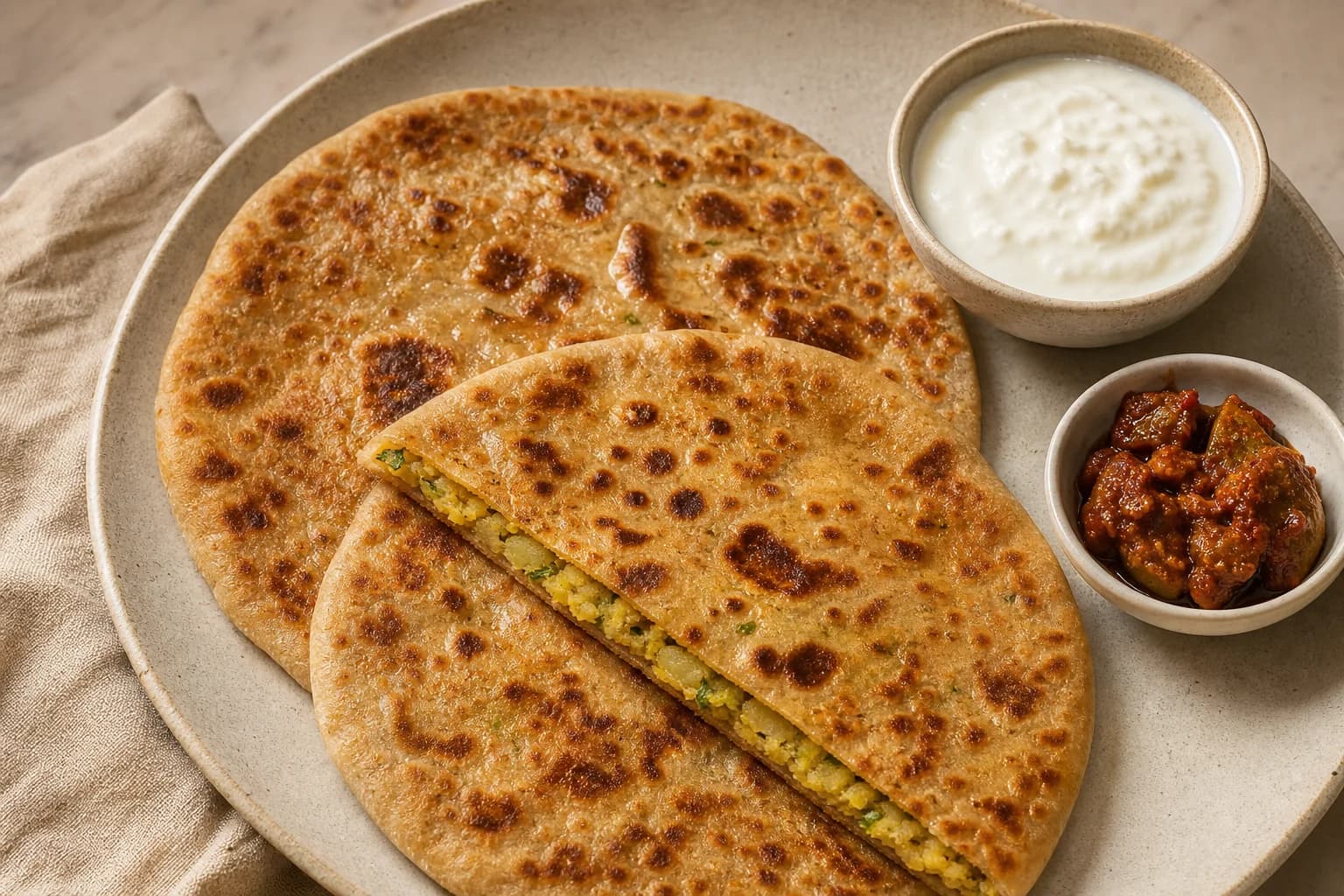 Golden aloo paratha with brown blisters, one wedge showing spiced potato filling, yogurt, and pickle.