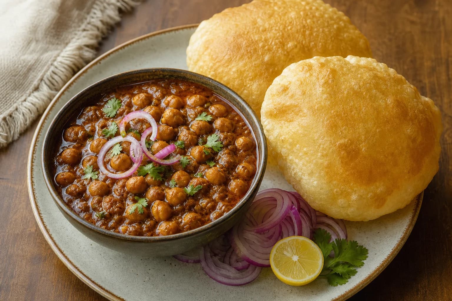 Punjabi chole with two puffed golden bhature, red onion, lemon, cilantro, and glossy chickpea gravy.