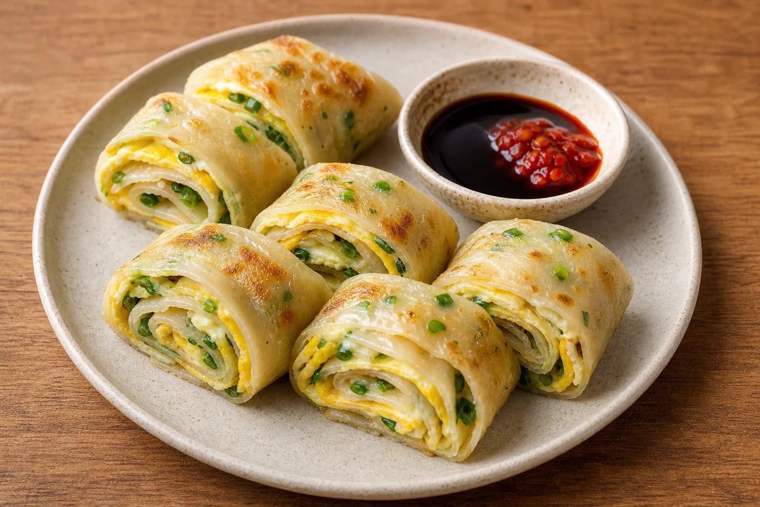 Sliced Taiwanese dan bing egg crepe with scallions, chewy layers, thick soy sauce, and chile sauce.