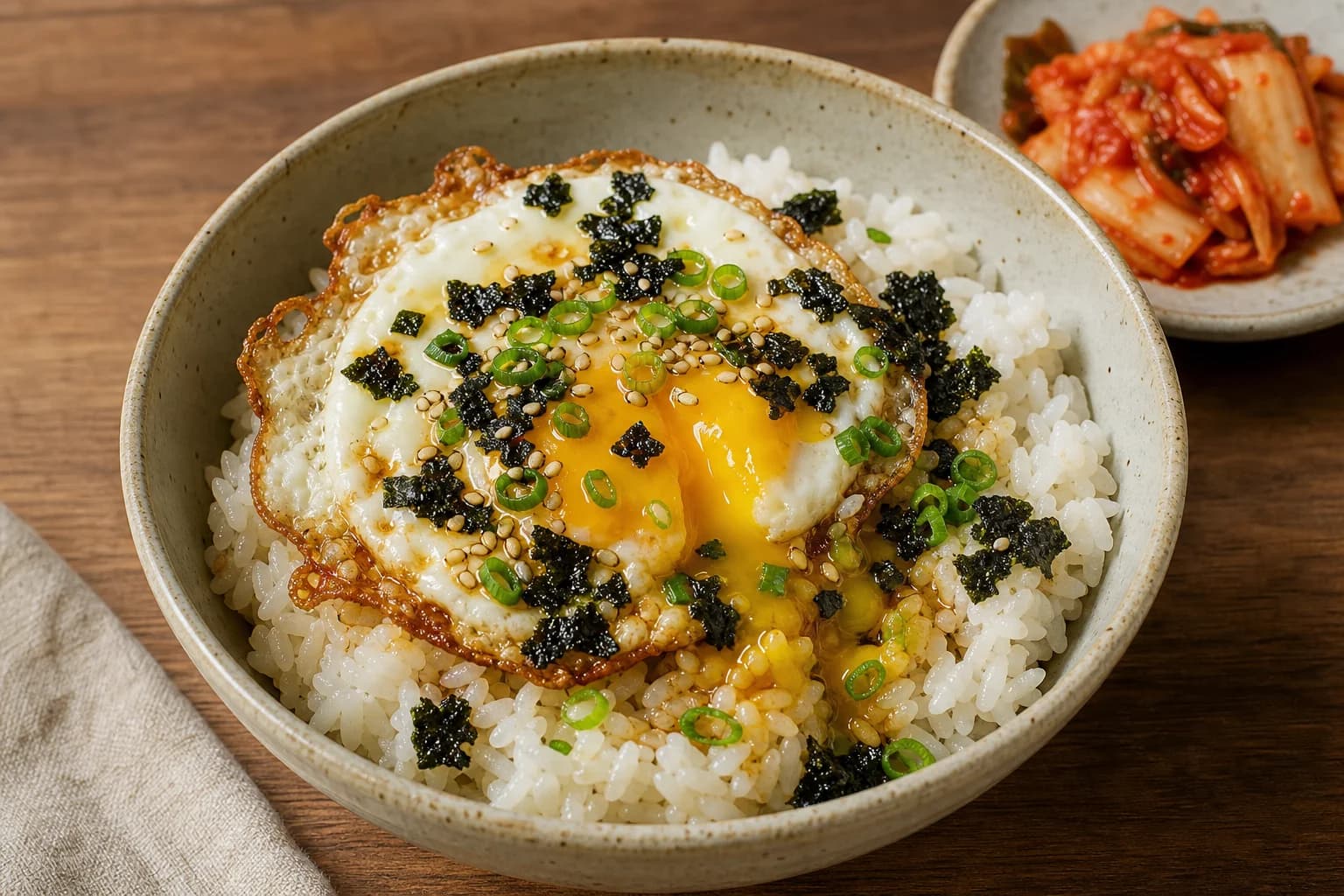 Korean gyeran bap with hot rice, a crisp-edged runny egg, gim, scallion, sesame, soy, and kimchi.