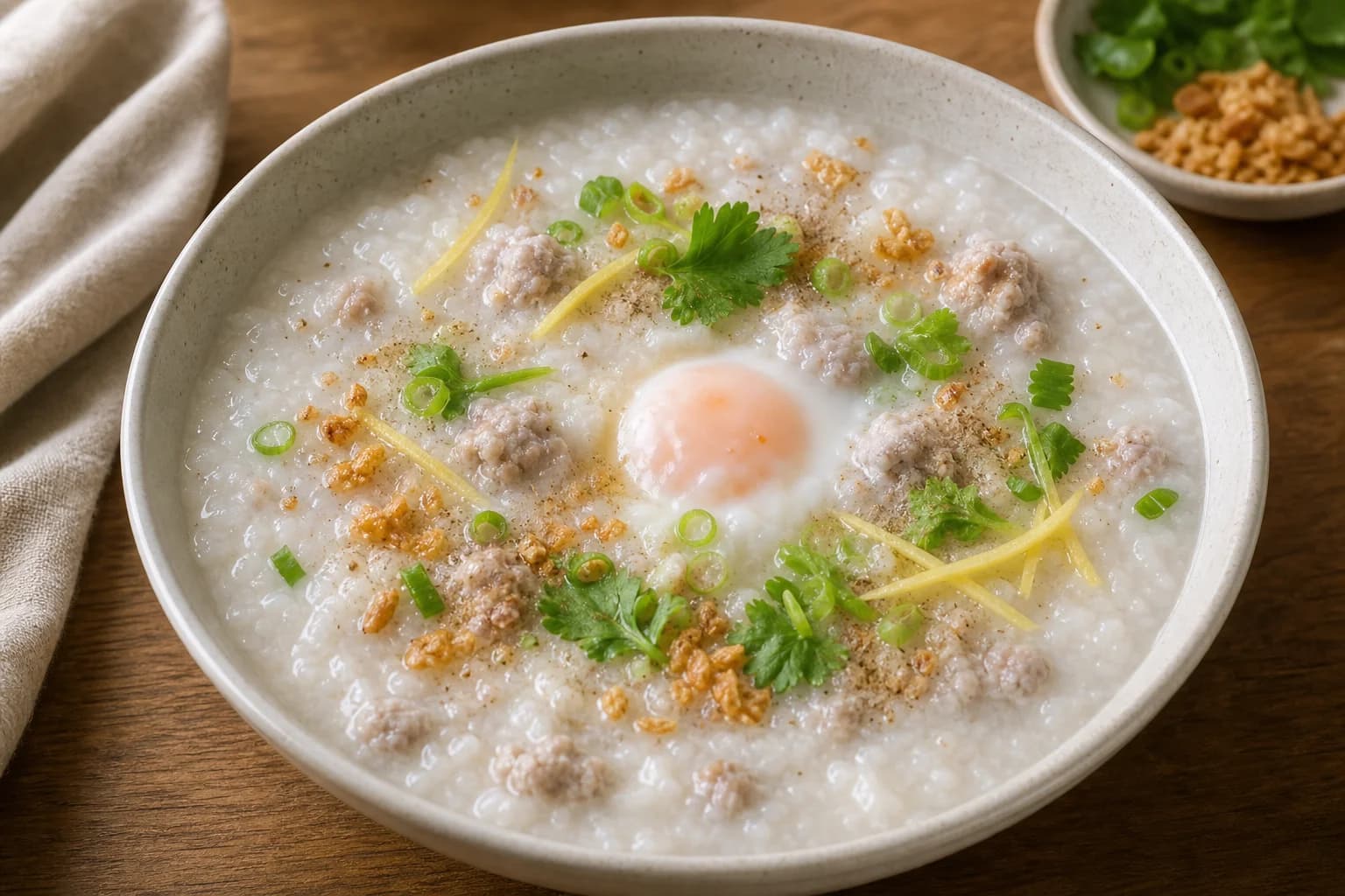 Thai jok with smooth rice porridge, seasoned pork, a soft egg, ginger, scallion, cilantro, and fried garlic.