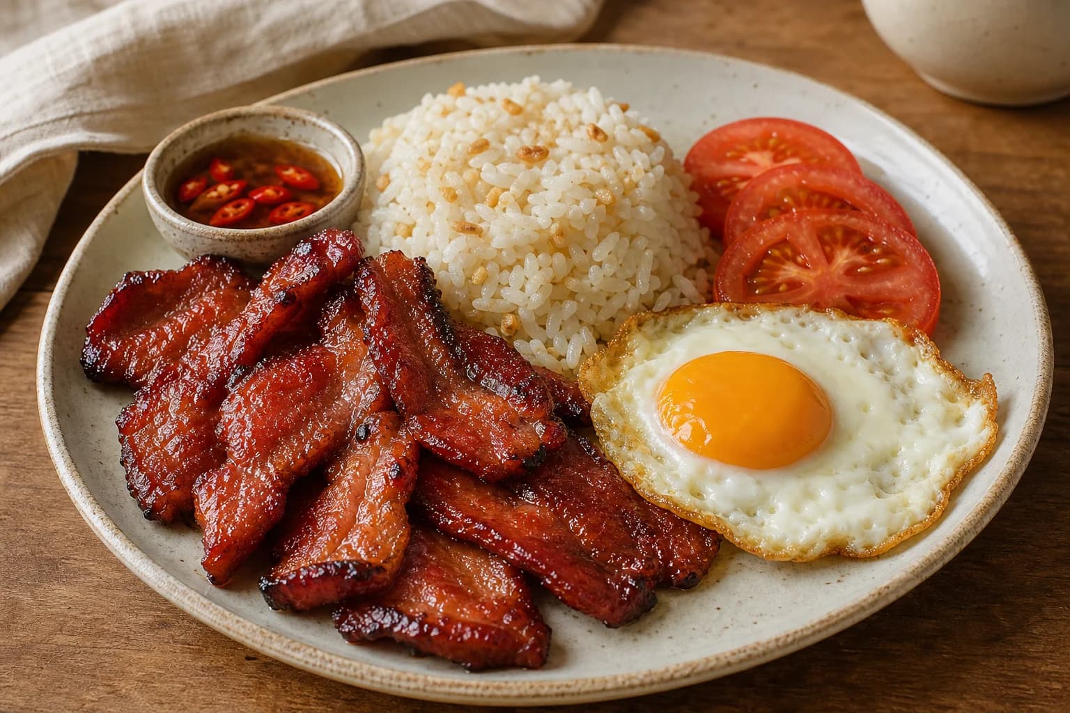 Filipino tosilog with caramelized red tocino, garlic fried rice, fried egg, tomato, and spiced vinegar.