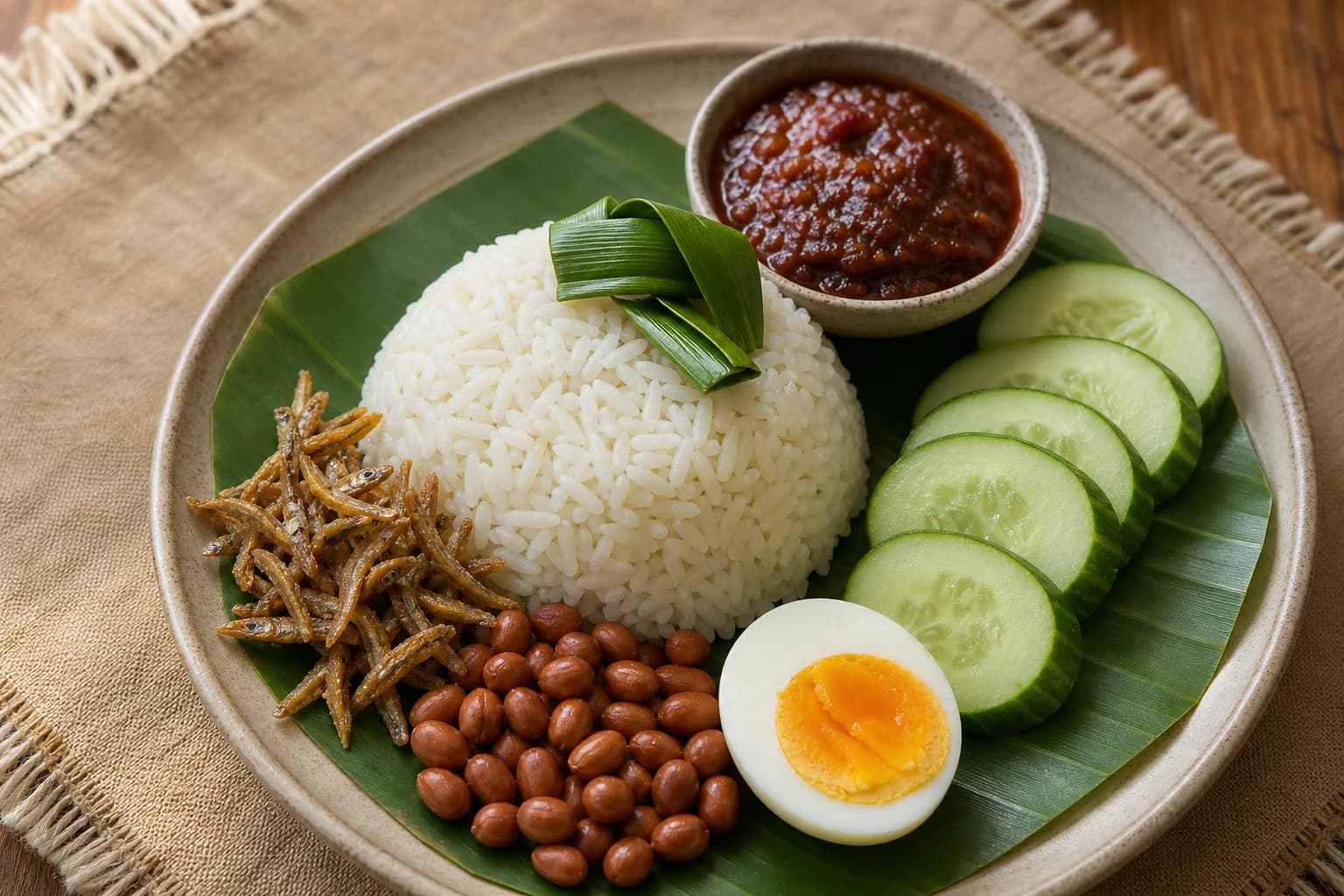 Malaysian nasi lemak with coconut rice, dark sambal, crisp anchovies, peanuts, egg, and cucumber.