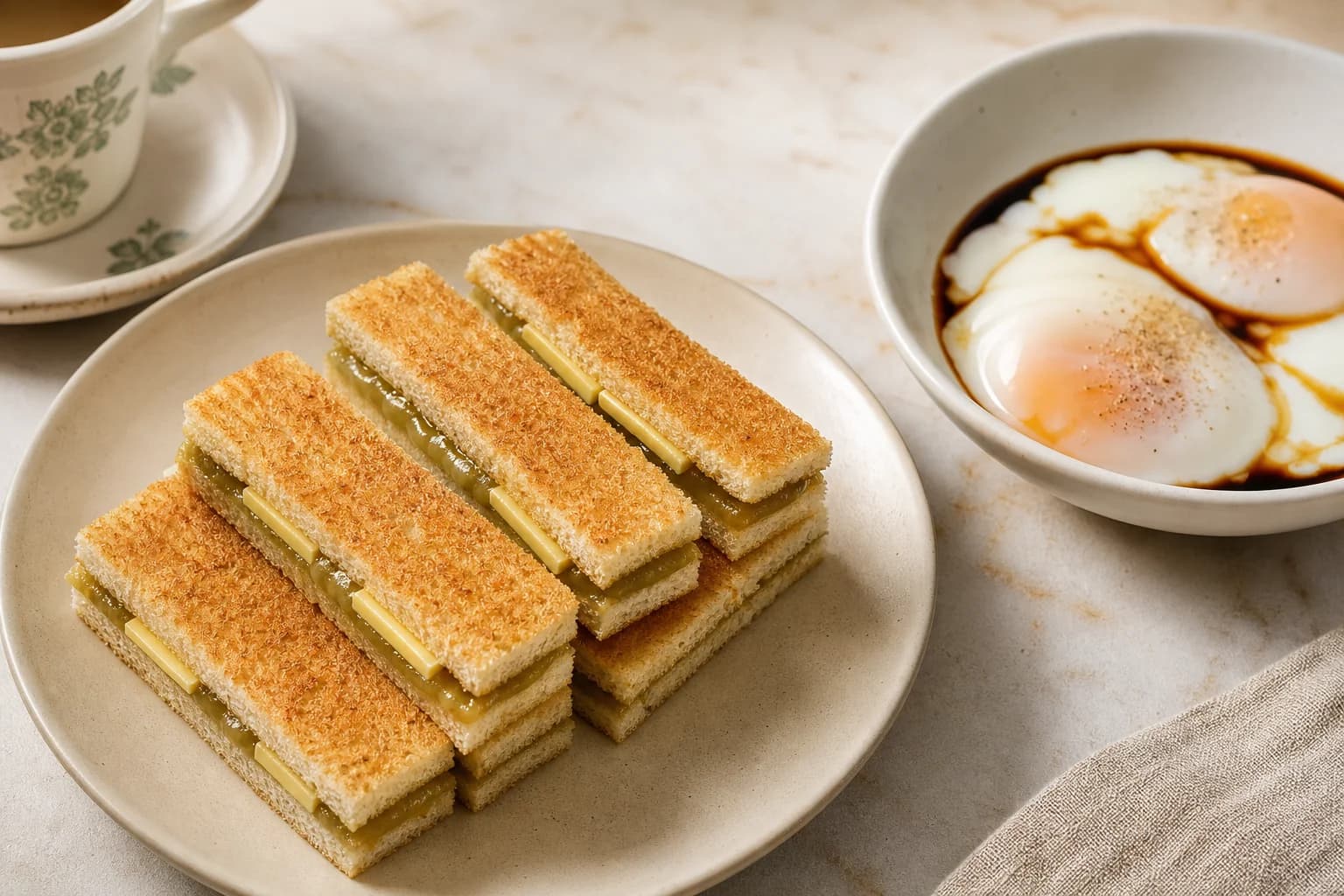Singaporean kaya toast fingers with cold butter and pandan kaya beside soft eggs seasoned with dark soy and white pepper.