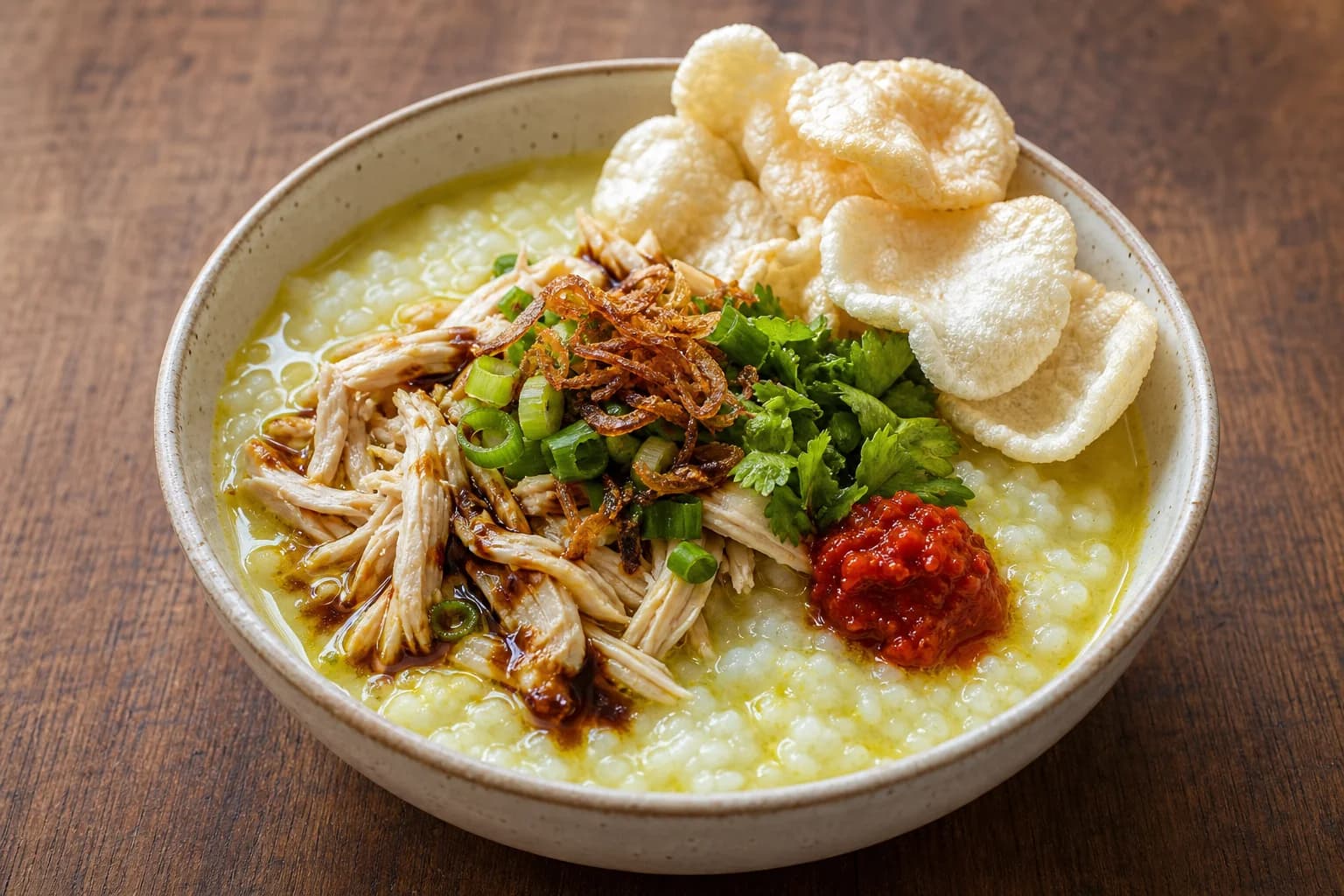 Indonesian bubur ayam with creamy rice porridge, yellow chicken broth, shredded chicken, kecap manis, herbs, shallots, crackers, and sambal.