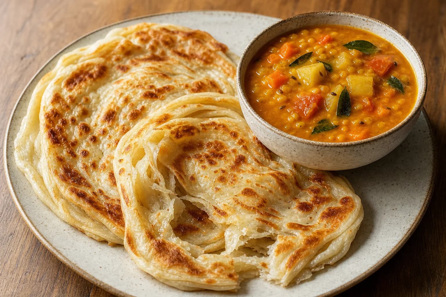 Flaky Malaysian roti canai with separated layers beside a bowl of pourable vegetable dhal.