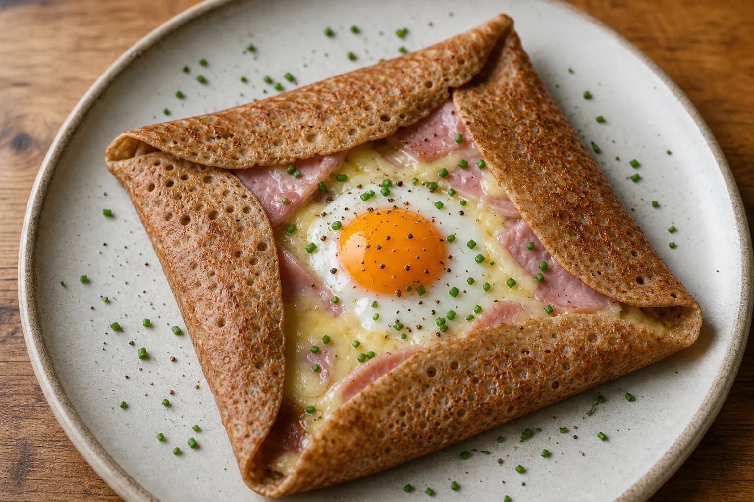 Square-folded savory buckwheat crêpe with ham, melted Gruyère, a set white, and soft visible yolk.