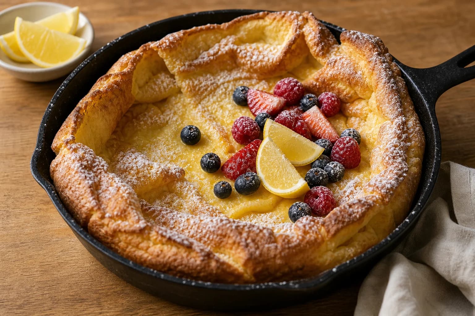 A dramatically puffed Dutch baby with deep golden edges, lemon, berries, and confectioners sugar.
