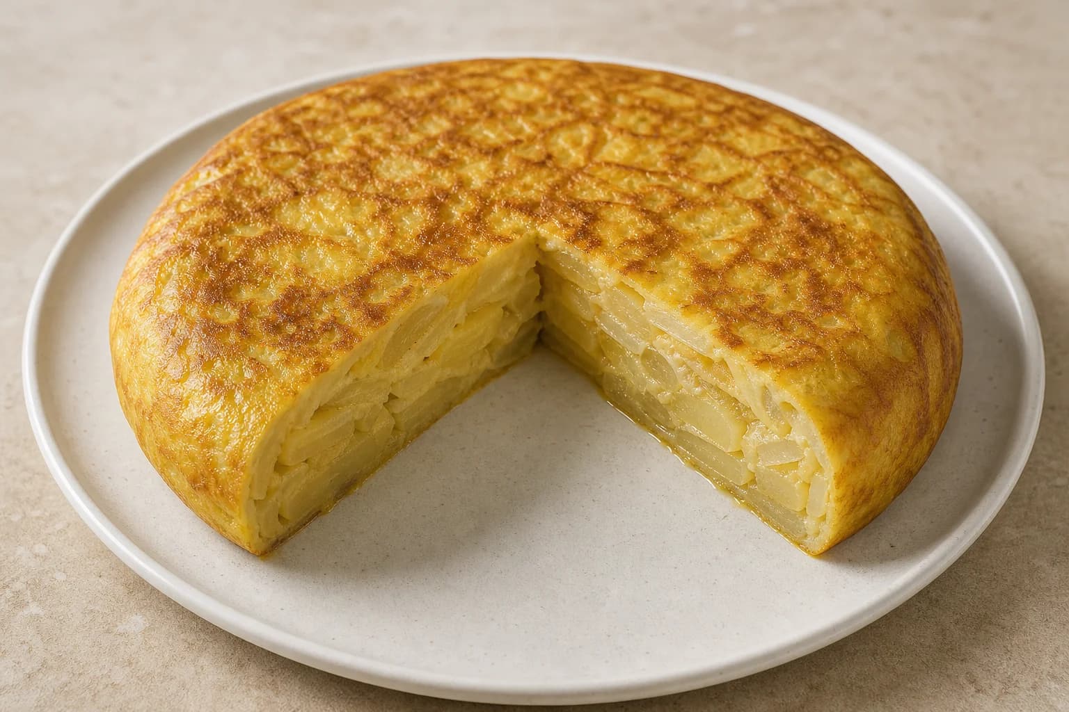 Thick Spanish tortilla with tender potato and onion layers and a softly set golden center.