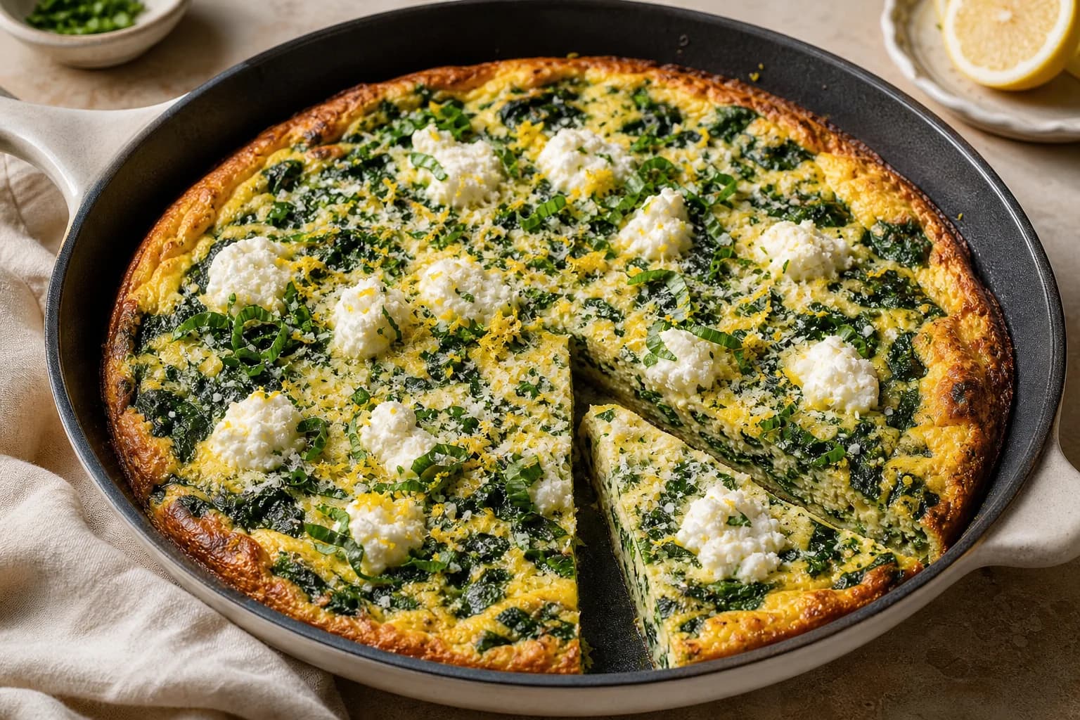 Spinach and ricotta frittata with a just-set center, ricotta pockets, Parmesan, lemon, and herbs.