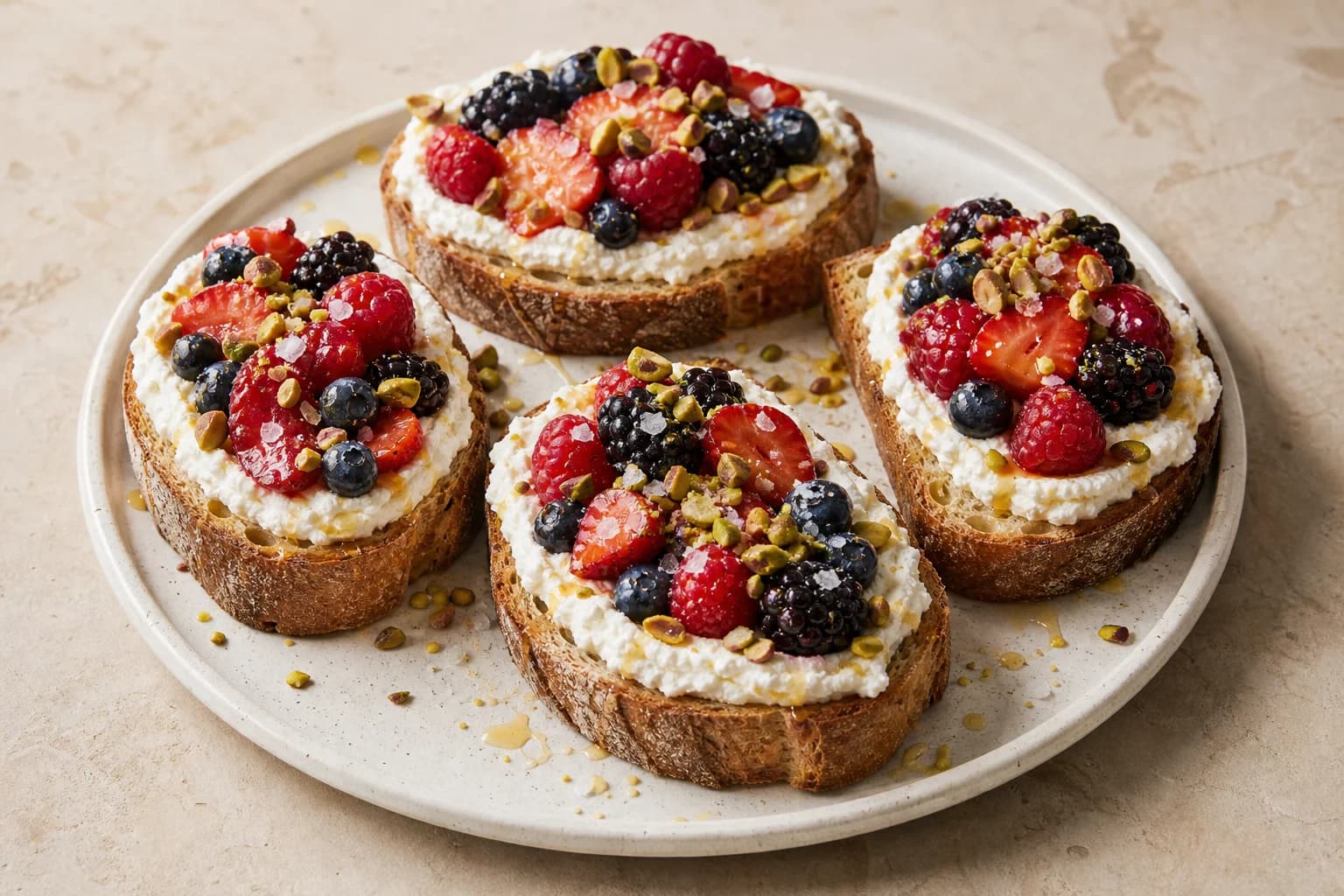 Crisp sourdough spread with whipped ricotta, lightly macerated berries, pistachios, honey, and flaky salt.